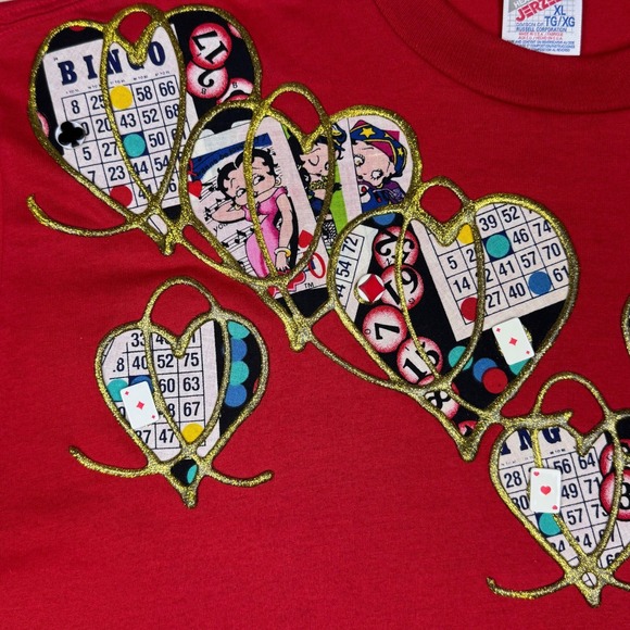Betty Boop Bingo Playing Cards‎ Patch T Shirt Hearts Gold Puffy Paint XL USA Vtg